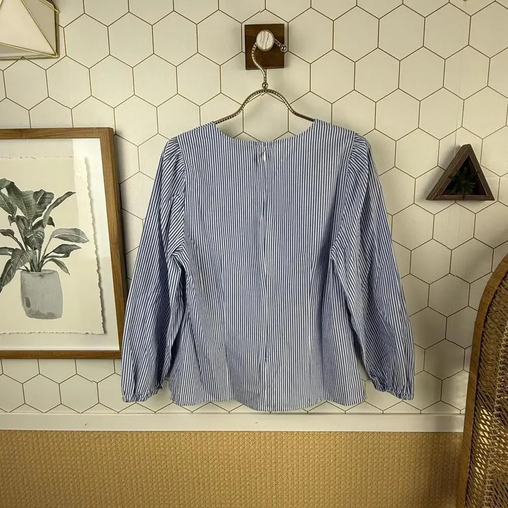 J. Crew Blue and White Puffed Sleeve Poplin Blue Striped Blouse - Size - 10